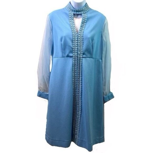 Vtg 70s Womens Dress Light Blue Keyhole Neck Sheer Sleeves Stretch Sz 13/14 - Picture 1 of 9